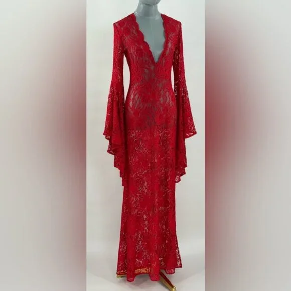 🆕 ALEXANDRA MIRO 🧿 NWOT Kara Long Boylen Sleeve Kaftan, Red Lace - Sz XS - Picture 3 of 14